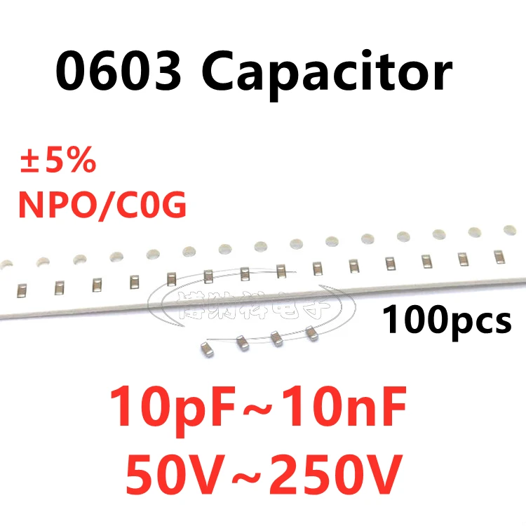 100шт 0603 SMD кондензатор 10/22/33/47/68/100/220/330/470/680PF 1/1.2/1.5/1.8/2/2.2/2.7/3/3.3/3.9/4.7/6.8/ 10NF 5% NPO C0G Изображение 0