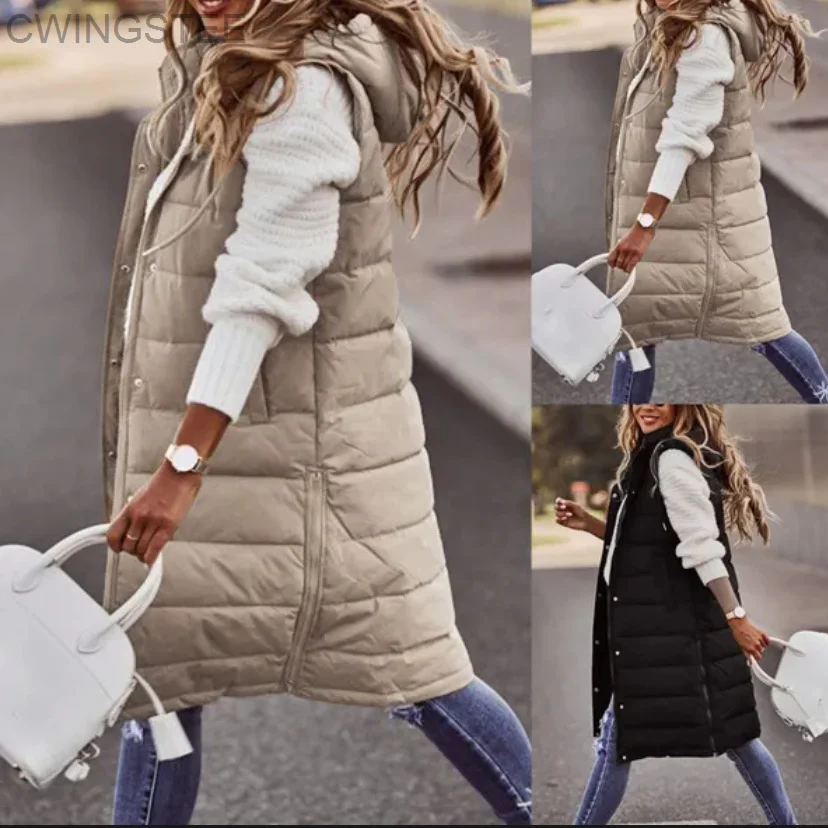 2023 Нов дамски жилетки, памучно палто, есенно-зимно дълго палто с качулка, без ръкави, Свободни женски жилетка, зимни дрехи Изображение 0