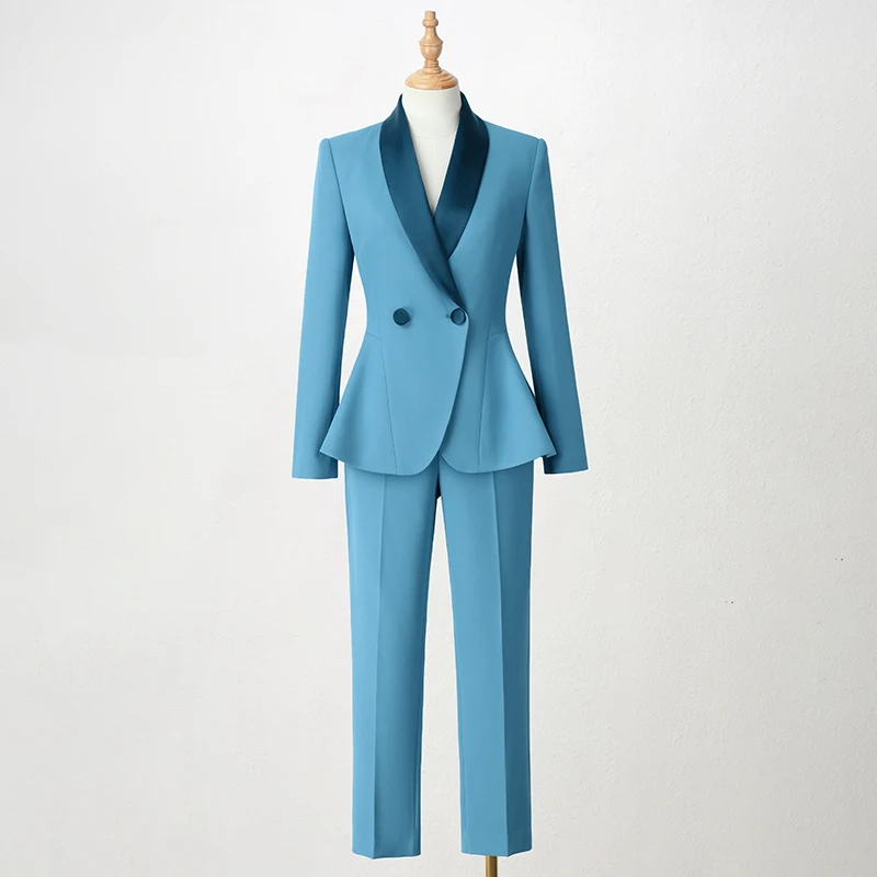 2023 нов син блейзър, професионален костюм, дамско есенно-зимно палто с волани, панталони, комплект от две части Изображение 0