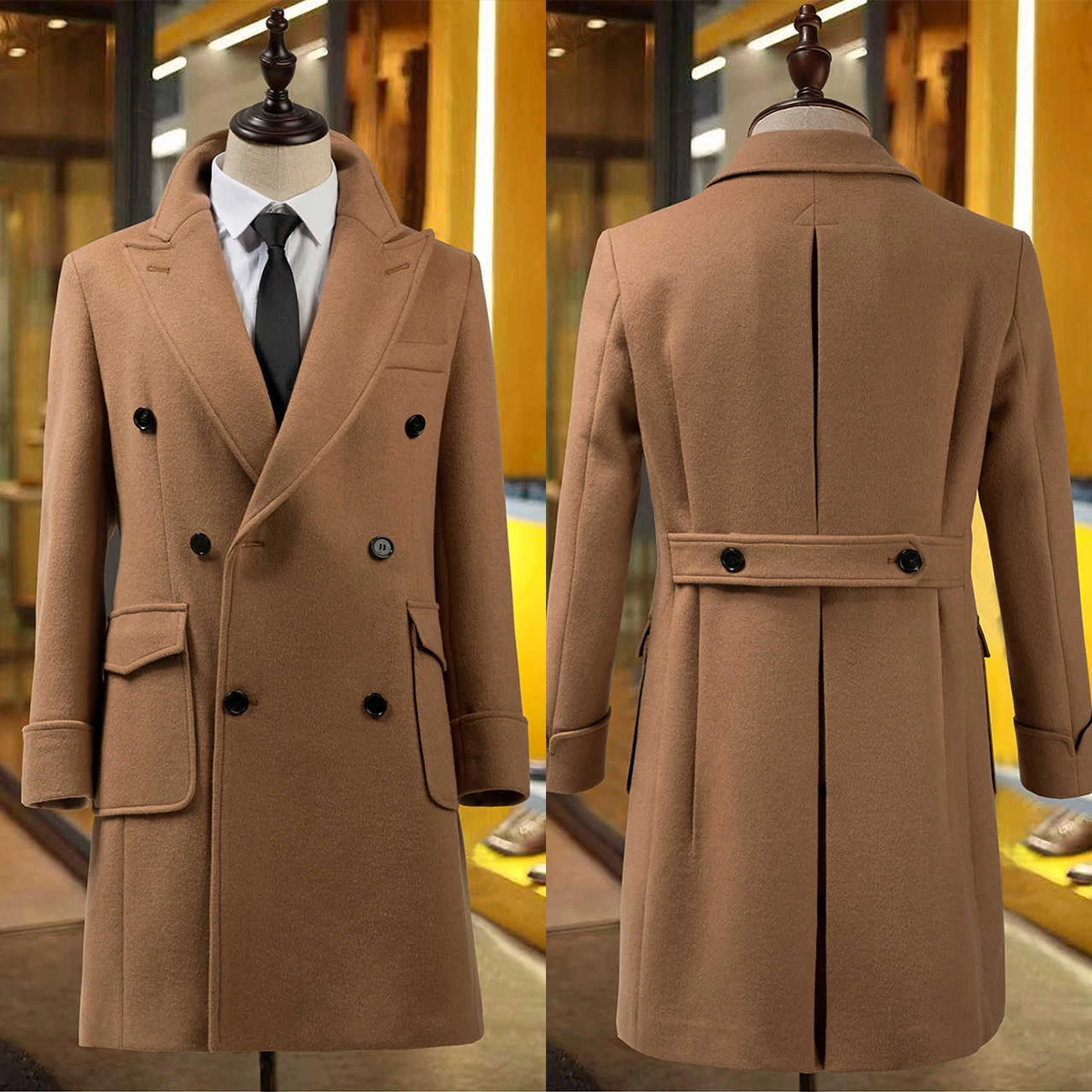 Винтажное Двубортное вълна палто, Мъжки дебели палта с ревера и джоб, сшитое по поръчка, Дневни зимата на топло палто Изображение 0