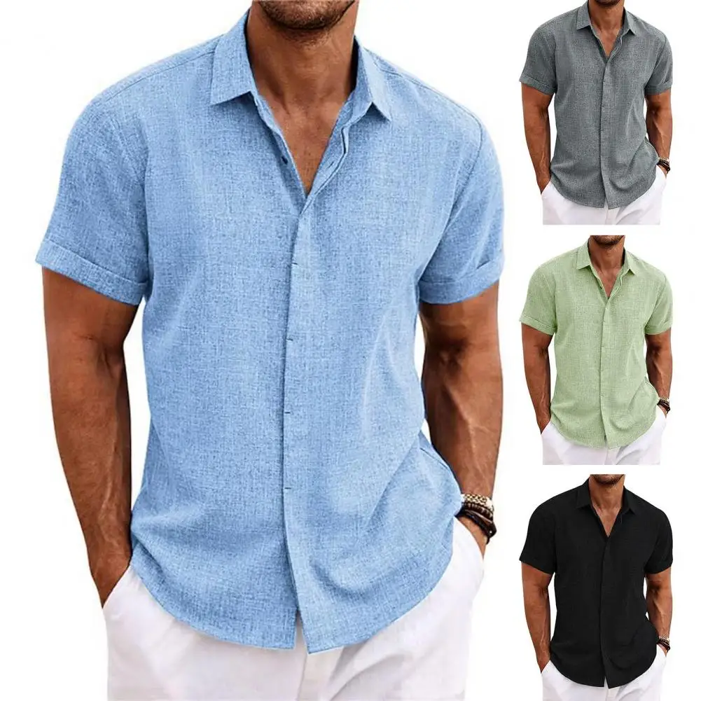 Летни памучни ленени ризи за мъже, ежедневни ризи с къс ръкав, блузи с однотонным отложным яка, Бели плажни ризи, Мъжки дрехи Изображение 0