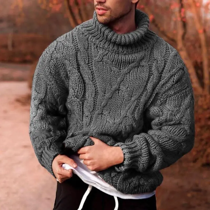 Мъжки пуловер с висока яка под формата на витого цвете, Ретро Модерен Красив Случайни Дебел пуловер, Зимни Мъжки топъл вязаный пуловер, пуловер Изображение 0