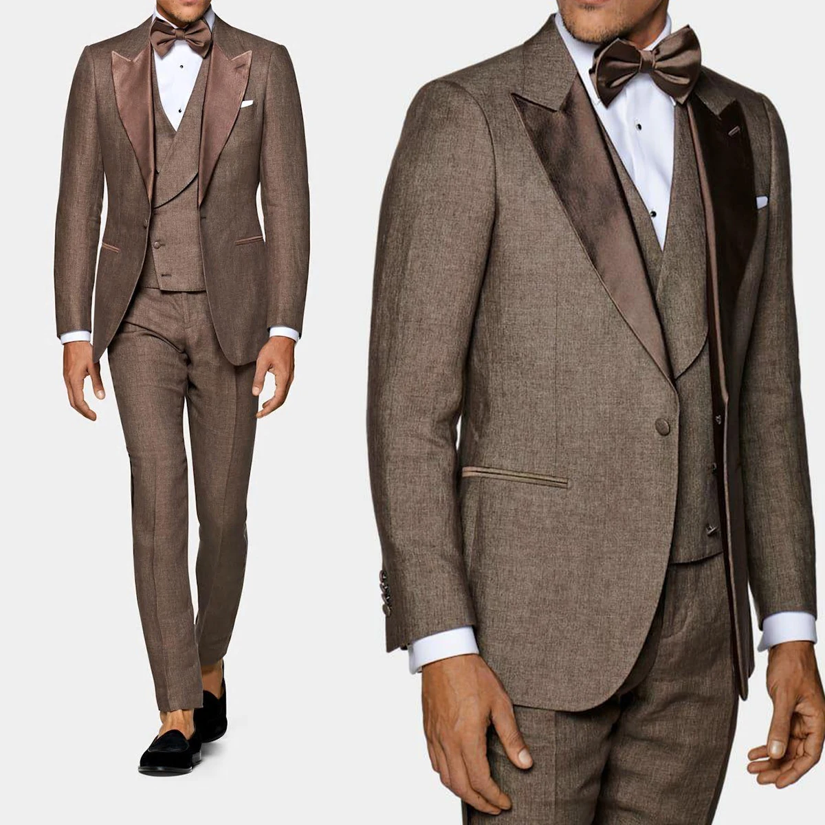 Нови мъжки костюми, ушити по поръчка, 3 предмет, сако, жилетка, панталони с една пуговице, бизнес сатен на ревера с козирка, изработена по поръчка на младоженеца, по-големи размери Изображение 0
