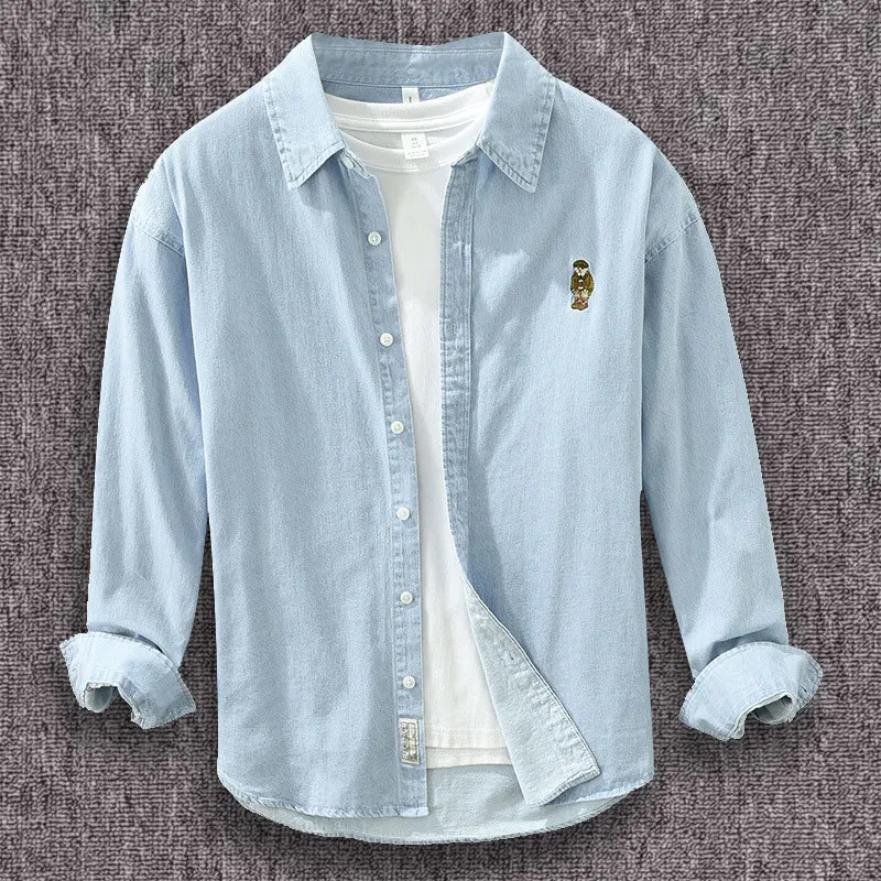 Реколта дънкови ризи за мъже, риза с дълъг ръкав с бродерия на Мече, 100% памук, ежедневни прости куртки и интериор в японски стил Изображение 0