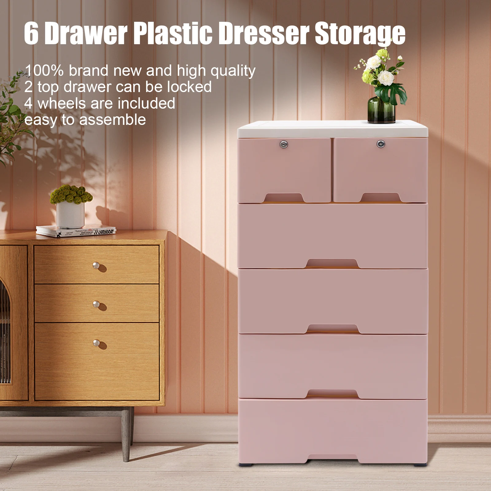 Розов Пластмасов шкаф с 6 чекмеджета, Шкаф-органайзер за съхранение, Домашен офис, Спалня Изображение 0