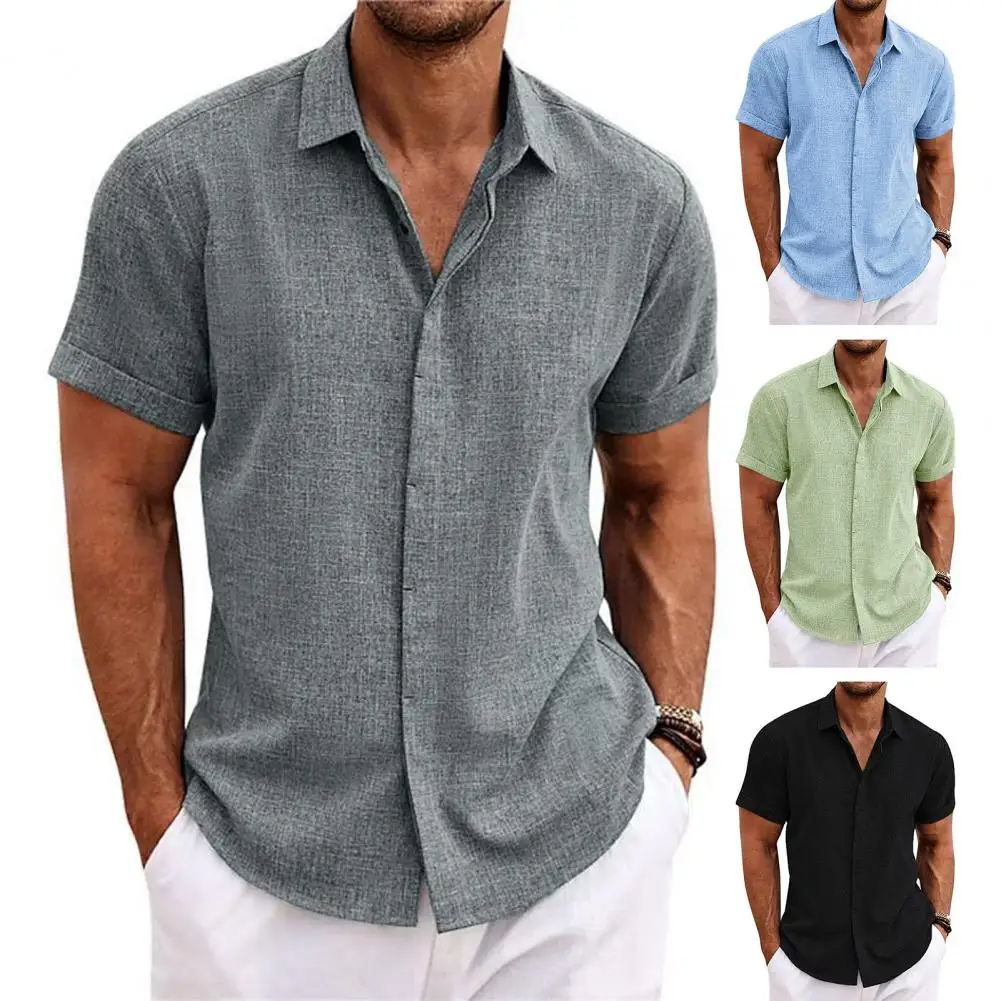 Летни памучни ленени ризи за мъже, ежедневни ризи с къс ръкав, блузи с однотонным отложным яка, Бели плажни ризи, Мъжки дрехи Изображение 1