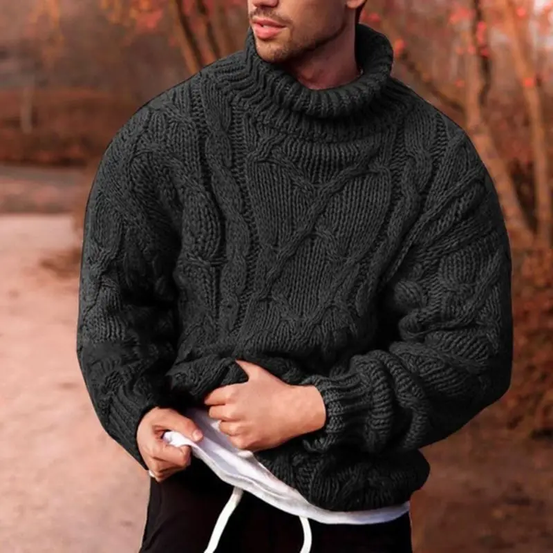 Мъжки пуловер с висока яка под формата на витого цвете, Ретро Модерен Красив Случайни Дебел пуловер, Зимни Мъжки топъл вязаный пуловер, пуловер Изображение 1