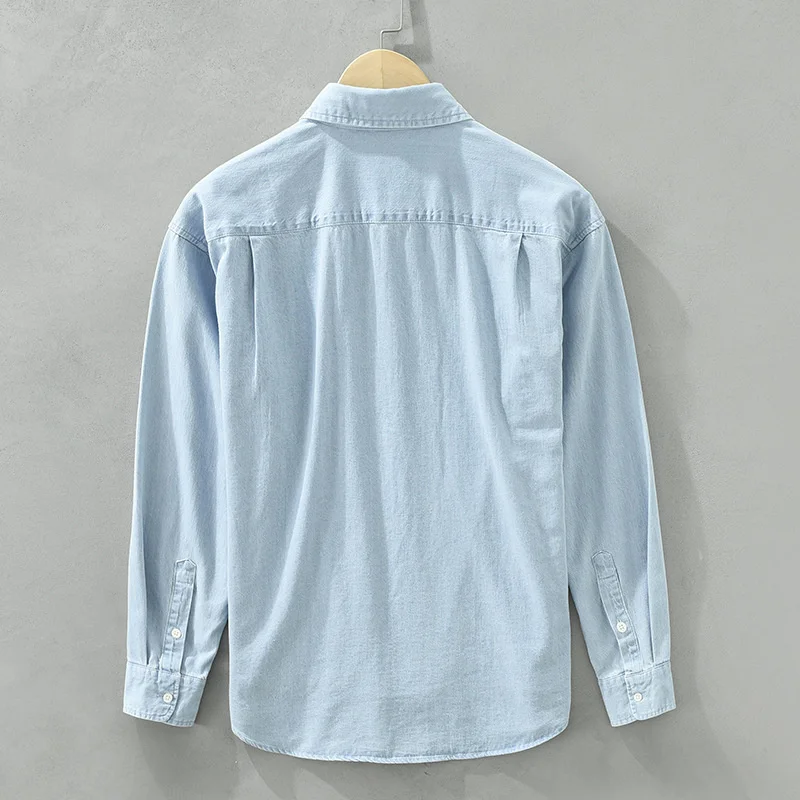 Реколта дънкови ризи за мъже, риза с дълъг ръкав с бродерия на Мече, 100% памук, ежедневни прости куртки и интериор в японски стил Изображение 1