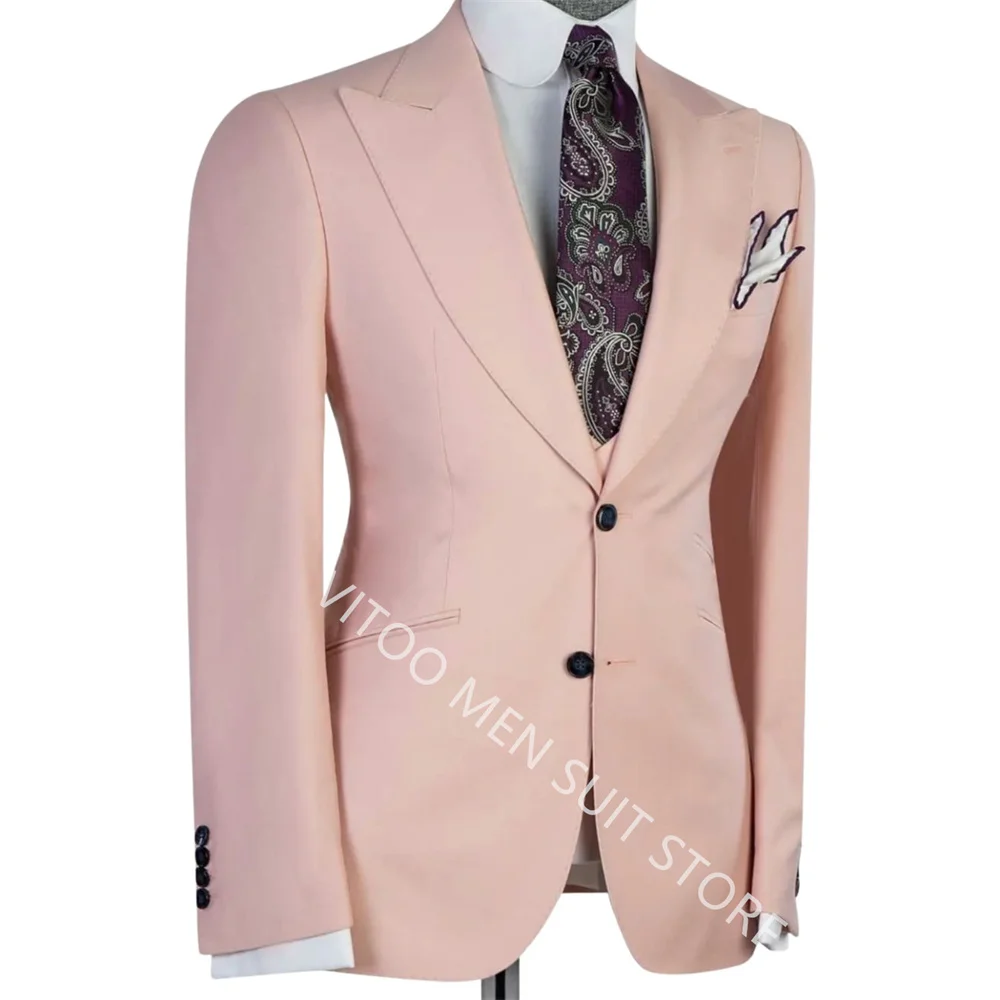 Сватбен костюм за мъже Светло розово Оборудвана сако, жилетка и панталон от 3 теми, официалната бизнес мъжки дрехи за сватбата, бала, зашити на поръчка Изображение 1
