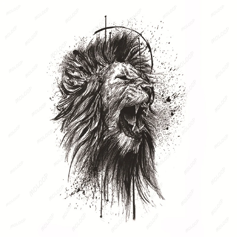 Стикер с татуировка Рев на лъв, Кръгът е формата на животно, точка, грим, фалшива татуировка, светкавица в ръка, Водонепроницаемое временно изкуство за жени и мъже Изображение 1