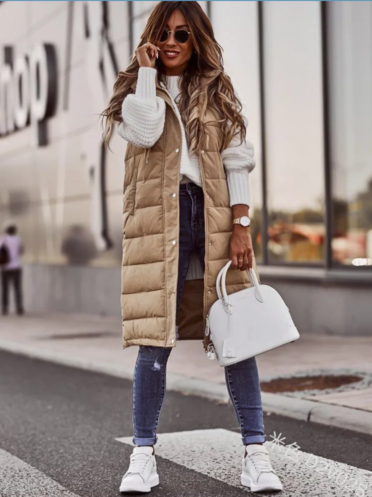 2023 Нов дамски жилетки, памучно палто, есенно-зимно дълго палто с качулка, без ръкави, Свободни женски жилетка, зимни дрехи Изображение 2