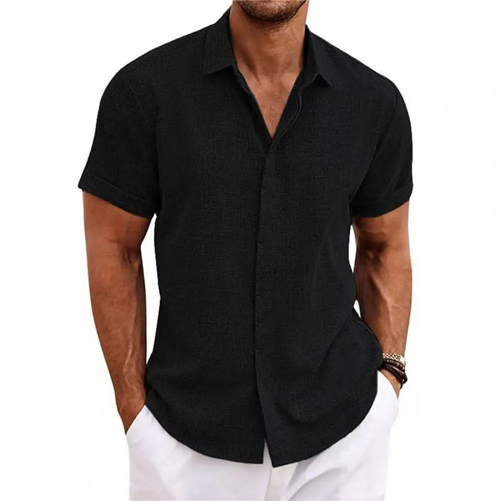 Летни памучни ленени ризи за мъже, ежедневни ризи с къс ръкав, блузи с однотонным отложным яка, Бели плажни ризи, Мъжки дрехи Изображение 2