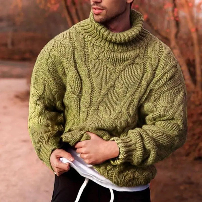 Мъжки пуловер с висока яка под формата на витого цвете, Ретро Модерен Красив Случайни Дебел пуловер, Зимни Мъжки топъл вязаный пуловер, пуловер Изображение 2