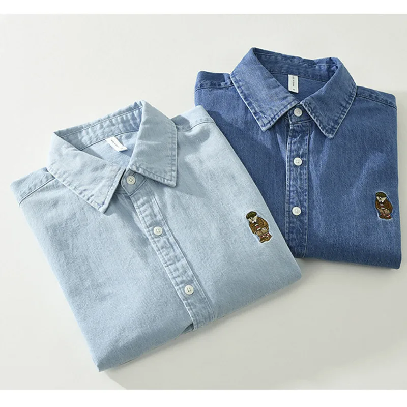 Реколта дънкови ризи за мъже, риза с дълъг ръкав с бродерия на Мече, 100% памук, ежедневни прости куртки и интериор в японски стил Изображение 2