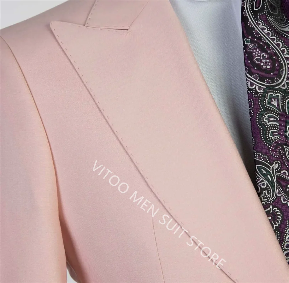 Сватбен костюм за мъже Светло розово Оборудвана сако, жилетка и панталон от 3 теми, официалната бизнес мъжки дрехи за сватбата, бала, зашити на поръчка Изображение 2