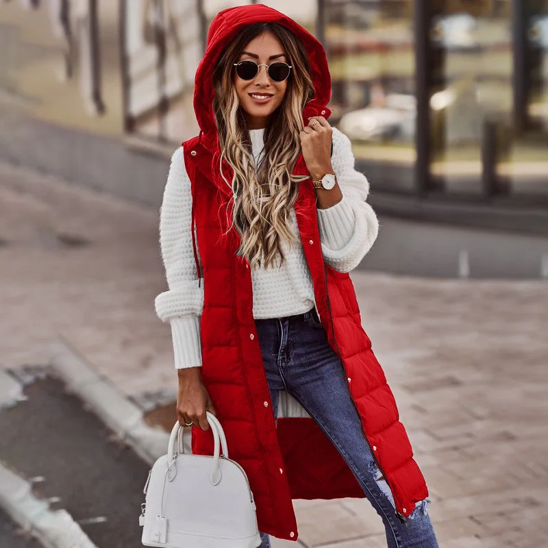 2023 Нов дамски жилетки, памучно палто, есенно-зимно дълго палто с качулка, без ръкави, Свободни женски жилетка, зимни дрехи Изображение 3
