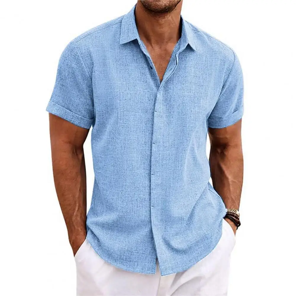 Летни памучни ленени ризи за мъже, ежедневни ризи с къс ръкав, блузи с однотонным отложным яка, Бели плажни ризи, Мъжки дрехи Изображение 3