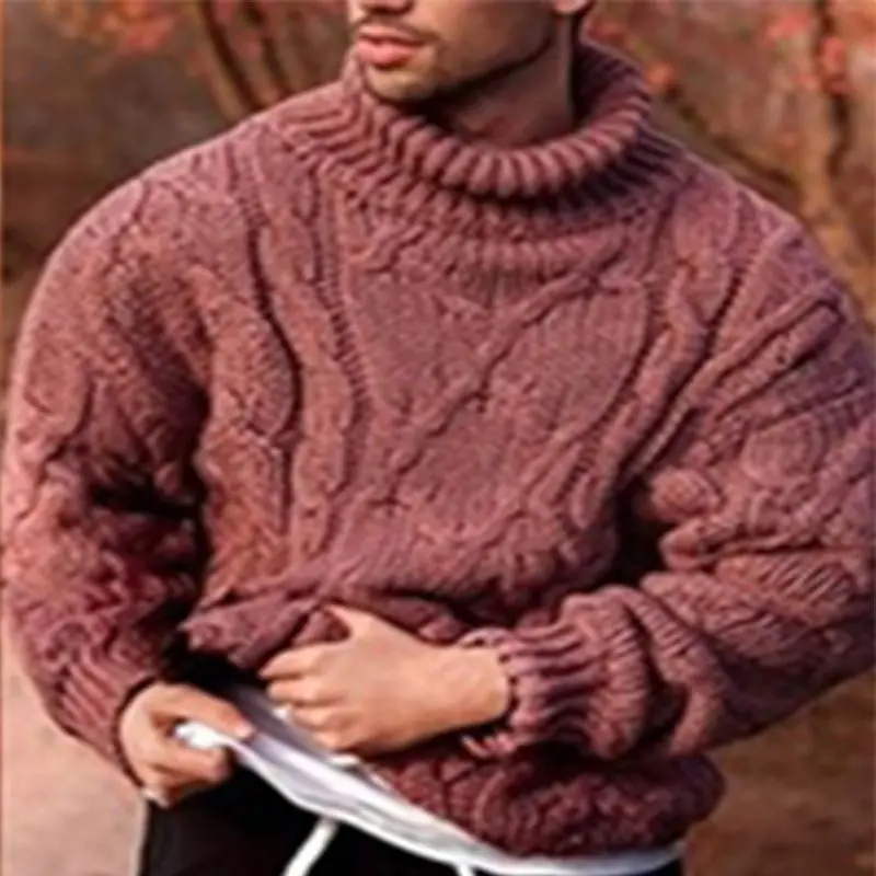 Мъжки пуловер с висока яка под формата на витого цвете, Ретро Модерен Красив Случайни Дебел пуловер, Зимни Мъжки топъл вязаный пуловер, пуловер Изображение 3