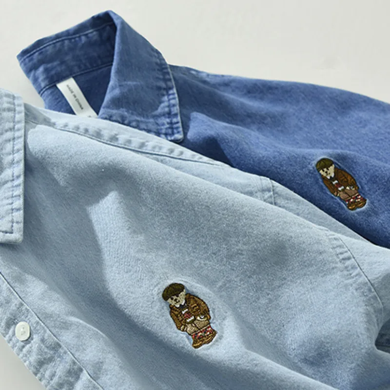 Реколта дънкови ризи за мъже, риза с дълъг ръкав с бродерия на Мече, 100% памук, ежедневни прости куртки и интериор в японски стил Изображение 3