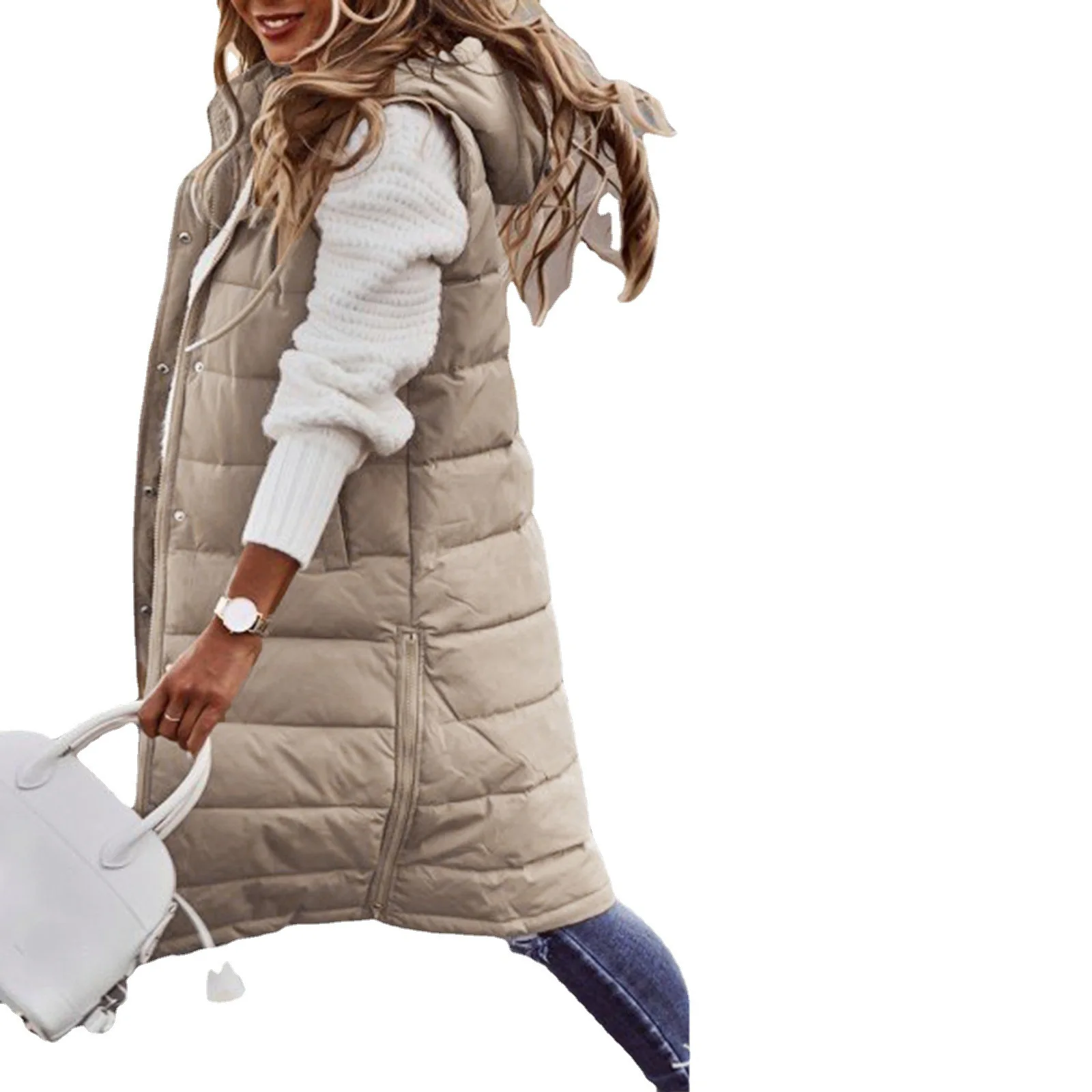 2023 Нов дамски жилетки, памучно палто, есенно-зимно дълго палто с качулка, без ръкави, Свободни женски жилетка, зимни дрехи Изображение 4