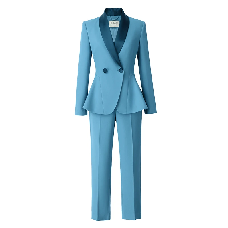 2023 нов син блейзър, професионален костюм, дамско есенно-зимно палто с волани, панталони, комплект от две части Изображение 4