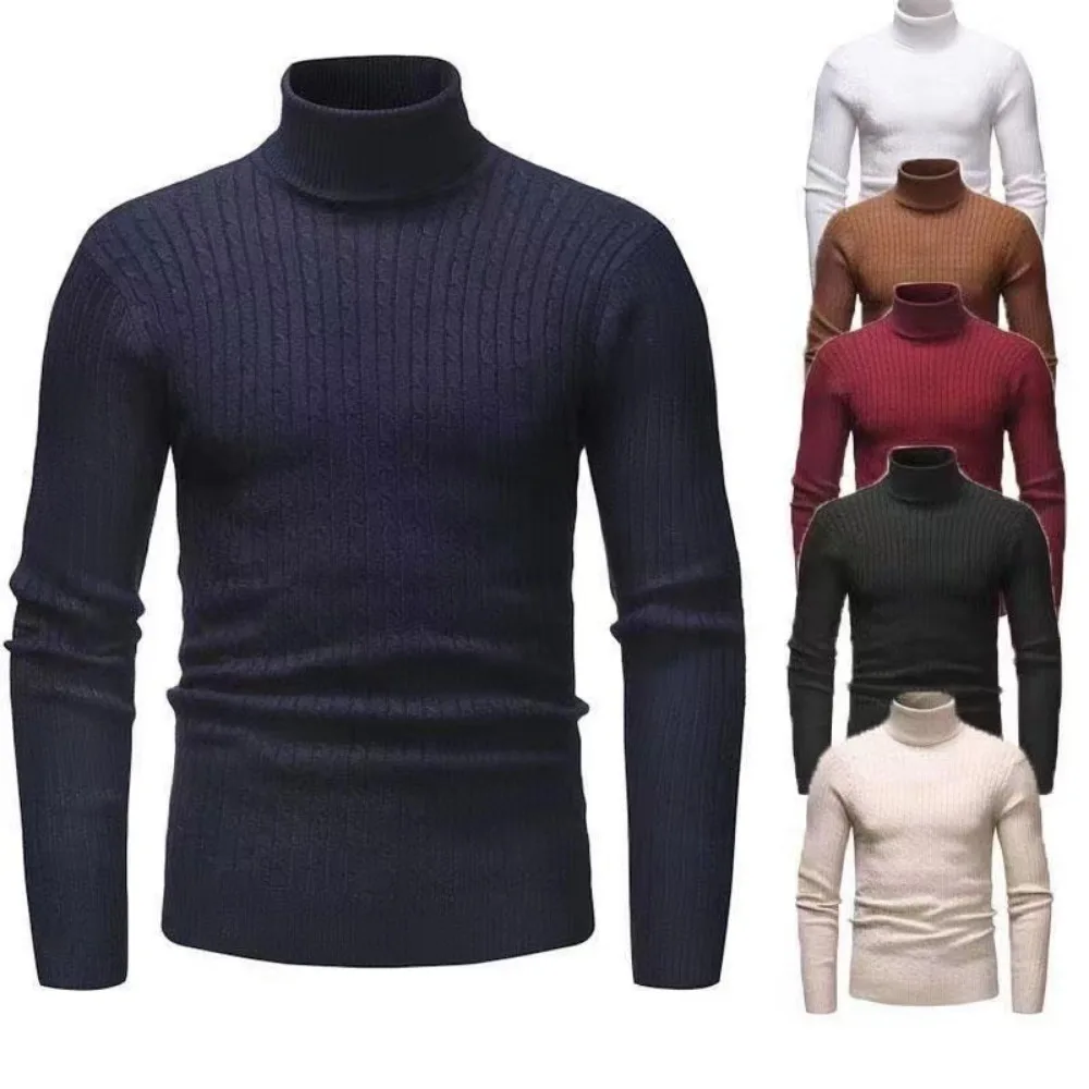 Вязаный пуловер с черепашьим деколте, мъжки ежедневни топло обикновен пуловер с висока еластичност, пуловер за есента-зимата Изображение 4