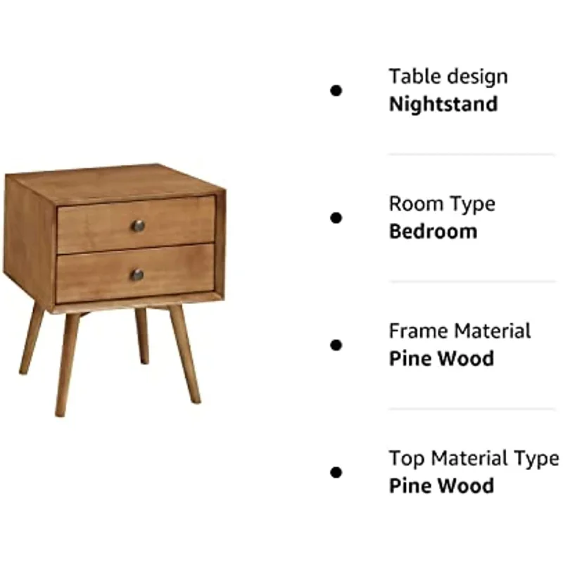 Модерна дървена нощно шкафче средата на века, приставной масичка, шкаф за съхранение на спалня, малка странична масичка, 2 чекмеджета, карамел Изображение 4