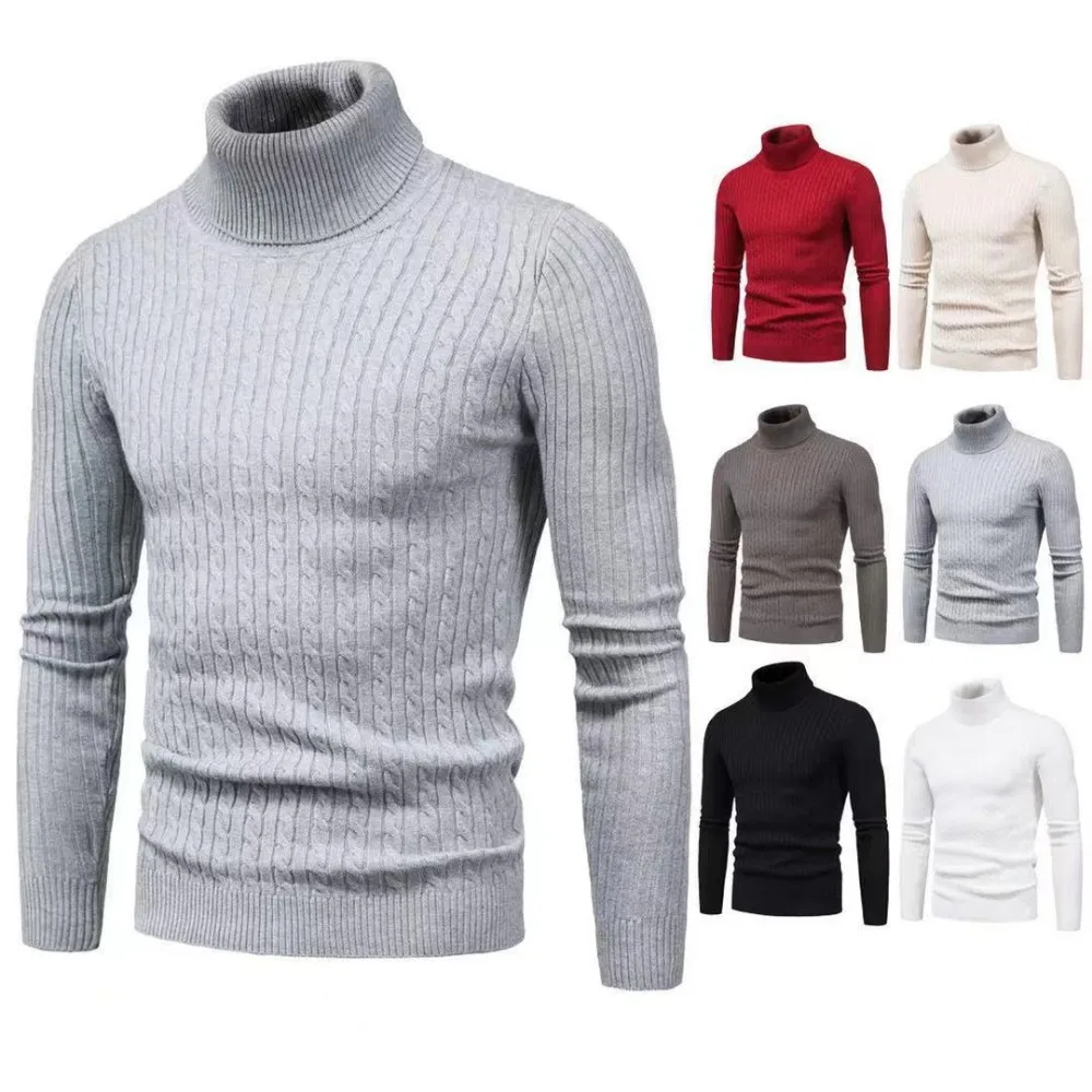 Вязаный пуловер с черепашьим деколте, мъжки ежедневни топло обикновен пуловер с висока еластичност, пуловер за есента-зимата Изображение 5